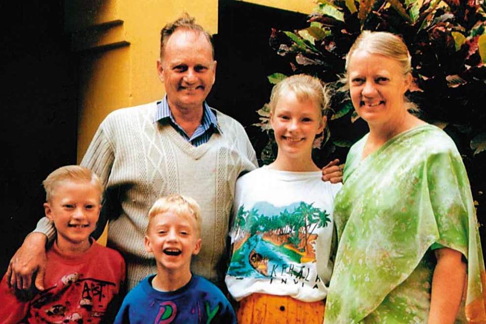 The Graham Staines family before the murder:  Graham Staines with sons Philip and Timothy, along with daughter Esther and wife Gladys Staines.