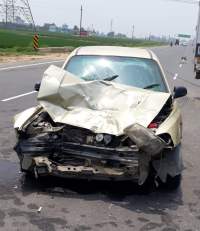 Damage to the car after the hit-and-run accident that required hospitalization of Pastor Anuj and his wife.